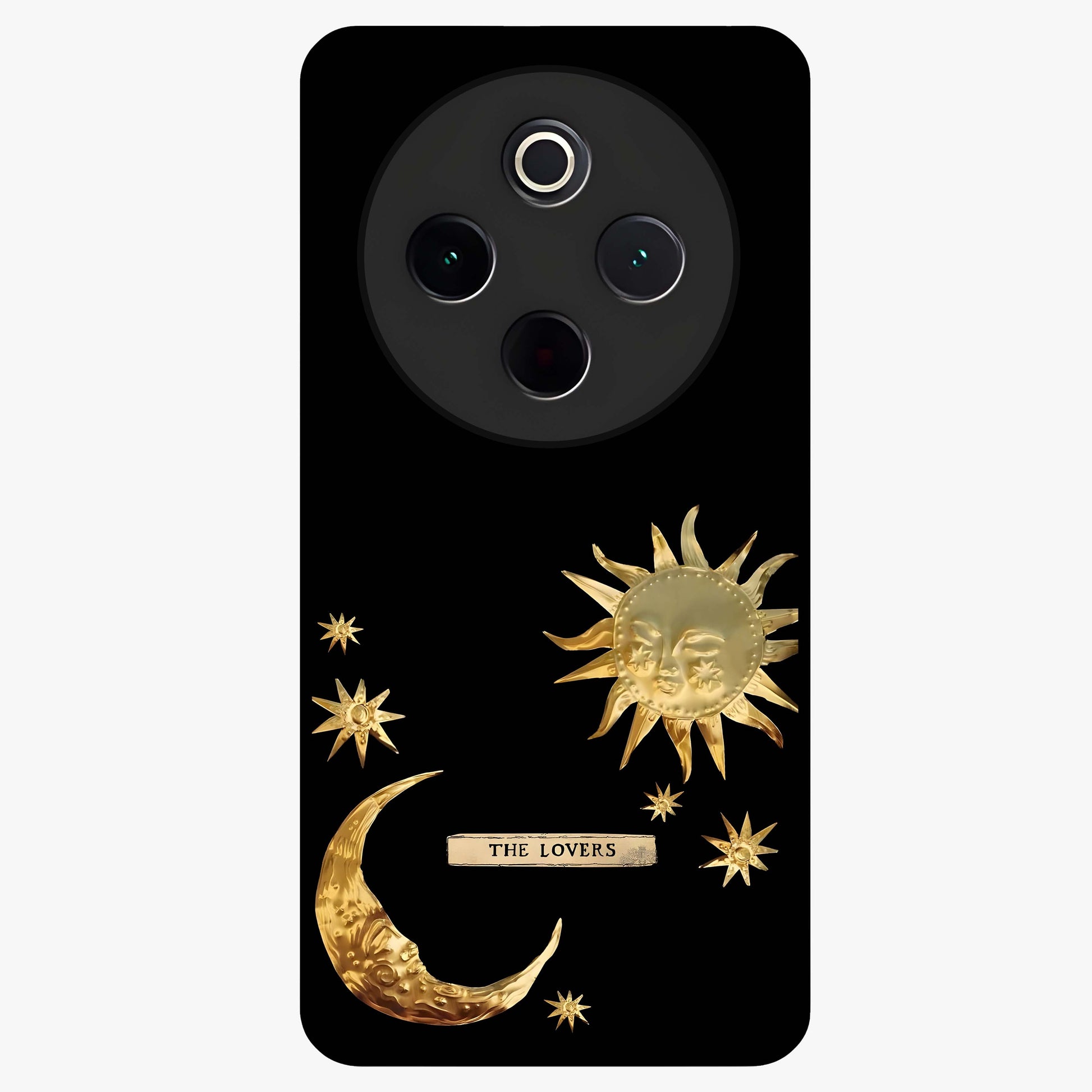 Golden Celestial Charm Glass Case showing flat back view with golden celestial charm artwork and glossy glass finish.