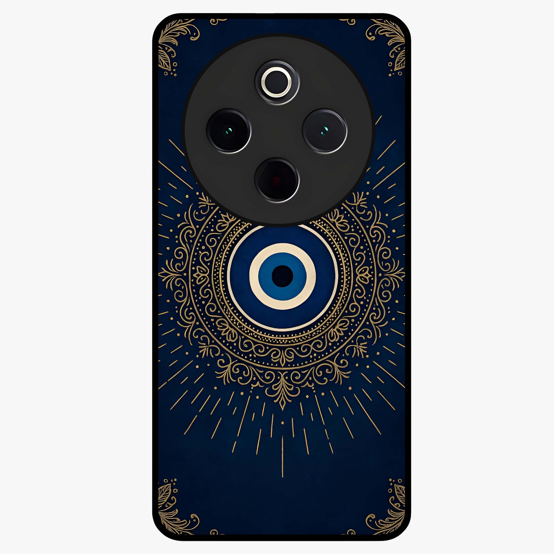 Golden Evil Eye Mandala Glass Case showing flat back view with intricate evil eye mandala artwork and glossy glass finish.