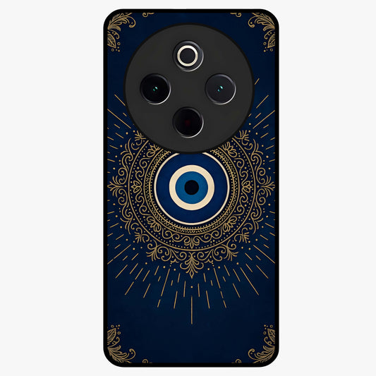 Golden Evil Eye Mandala Glass Case showing flat back view with intricate evil eye mandala artwork and glossy glass finish.
