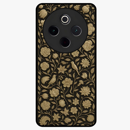Golden Floral Majesty Glass Case showing flat back view with luxurious golden floral artwork and glossy glass finish.