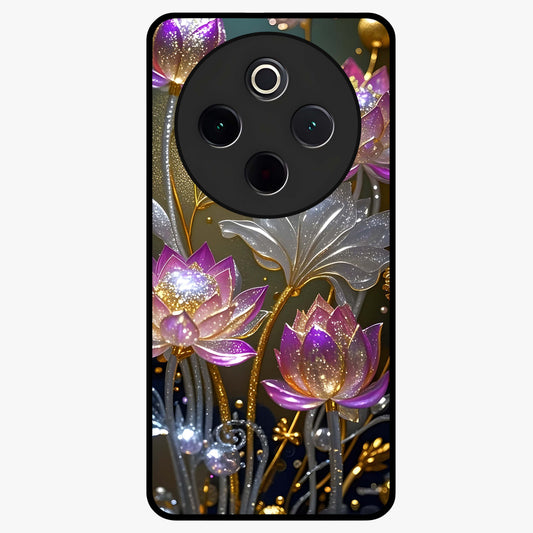Golden Lotus Glow Glass Case showing flat back view with glowing lotus flower artwork and glossy glass finish.