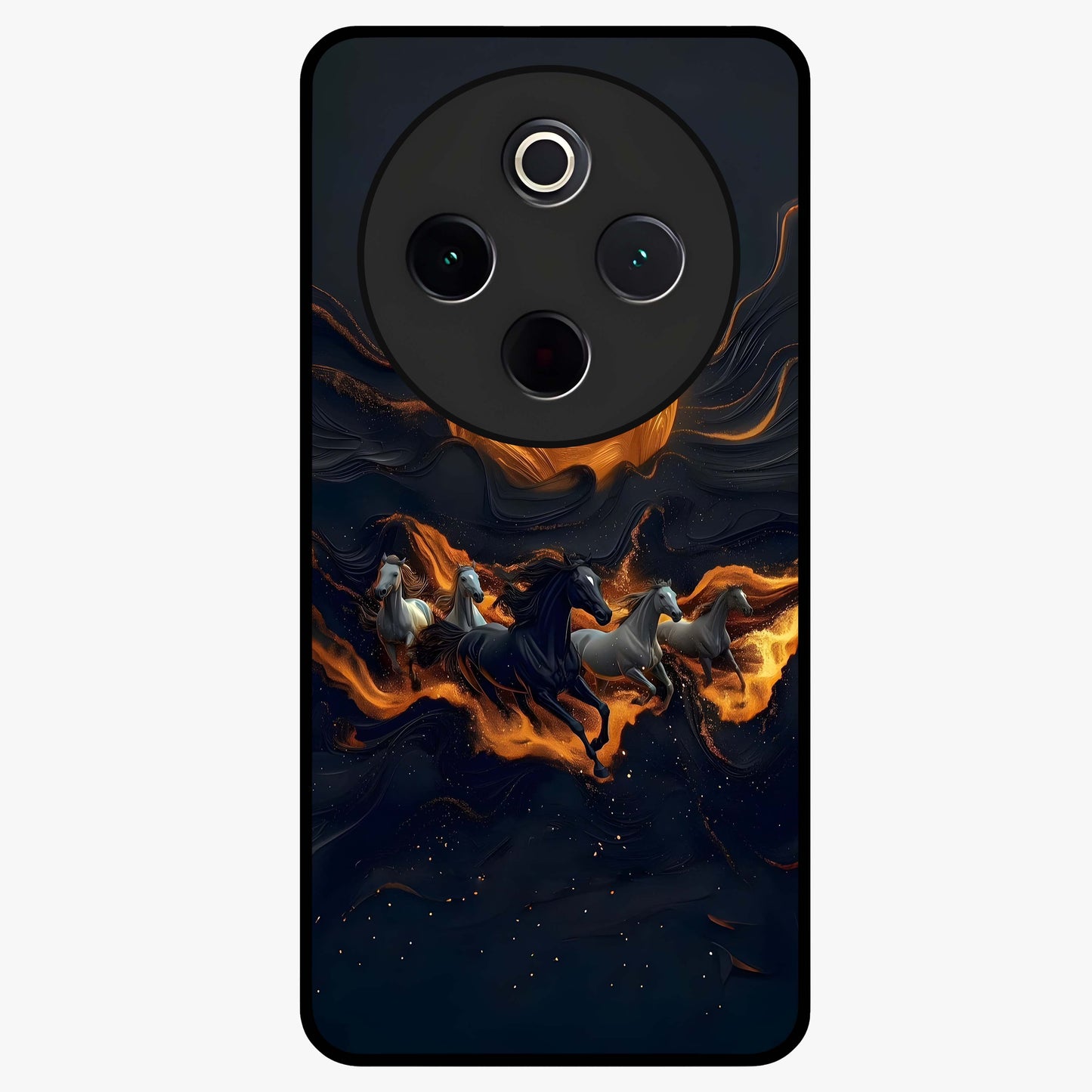 Golden Stallion Moonride Glass Case showing flat back view with majestic horse under moonlight artwork and glossy glass finish.