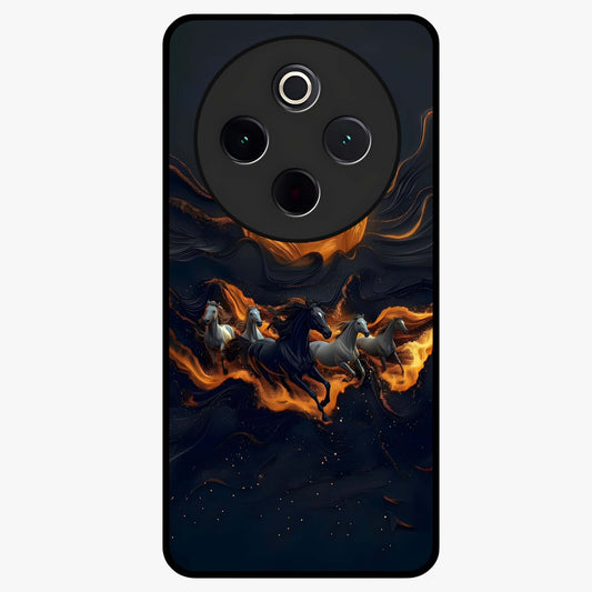 Golden Stallion Moonride Glass Case showing flat back view with majestic horse under moonlight artwork and glossy glass finish.
