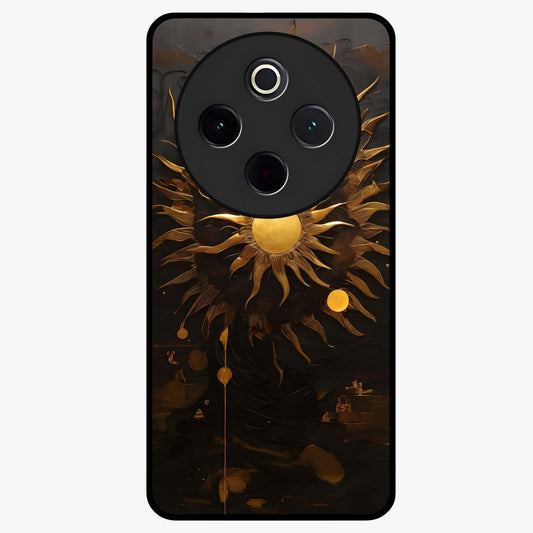Golden Sun Majesty Glass Case showing flat back view with radiant golden sun artwork and glossy glass finish.