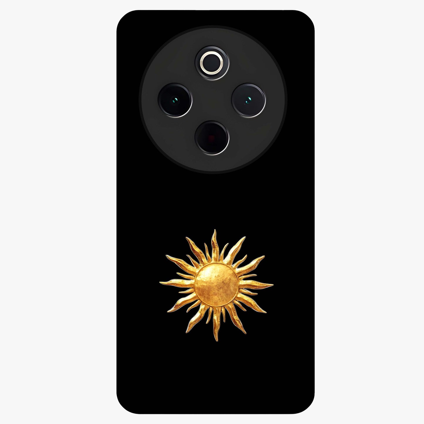 Golden Sun Minimalism Glass Case showing flat back view with minimal golden sun artwork and glossy glass finish.
