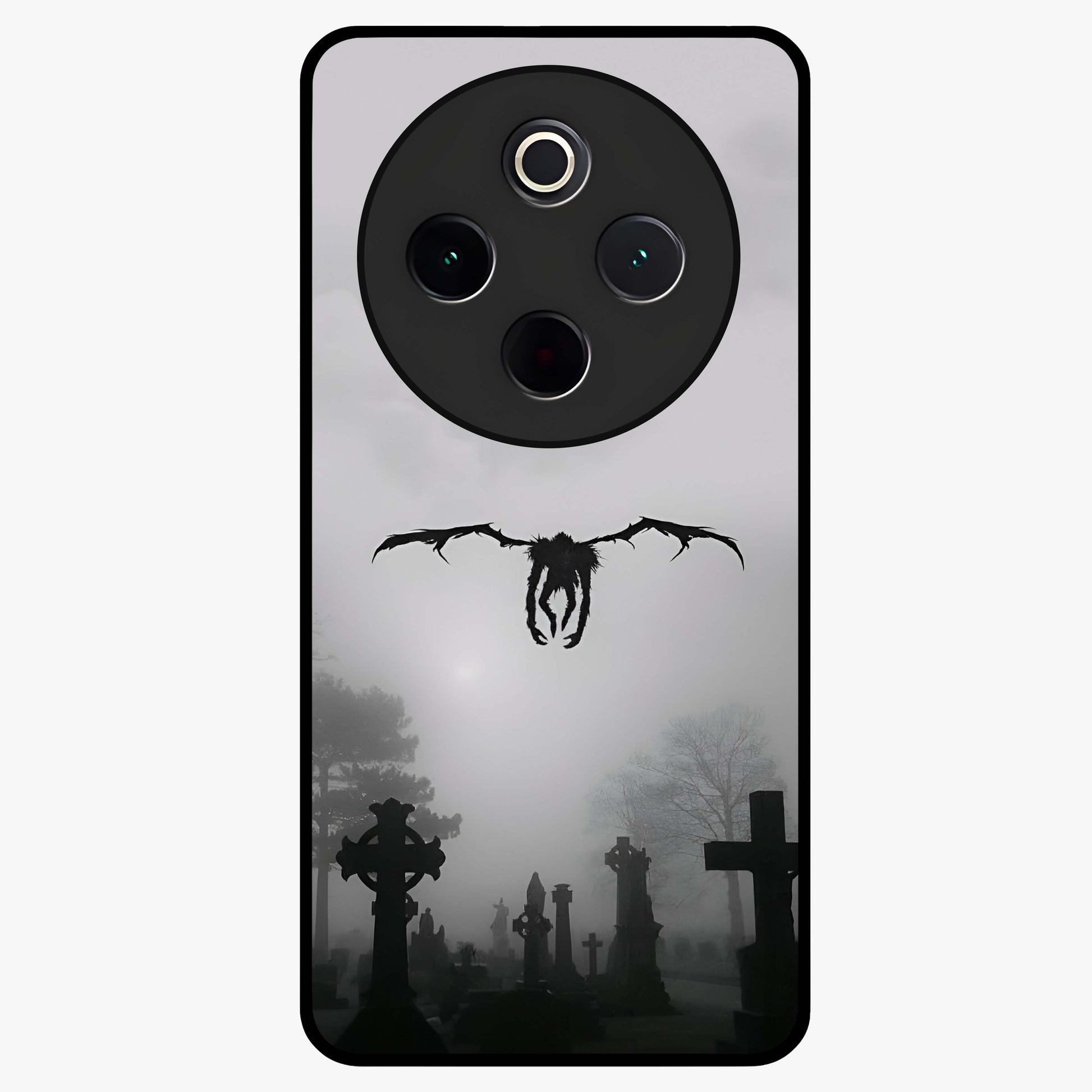 Graveyard Shadow Descent Glass Case showing flat back view with dark graveyard themed artwork and glossy glass finish.