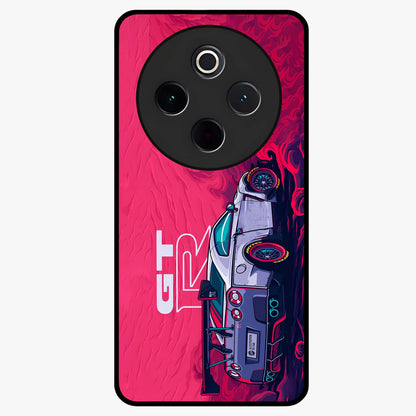 GT-R Car Pattern Glass Case showing flat back view with sporty car inspired pattern artwork and glossy glass finish.