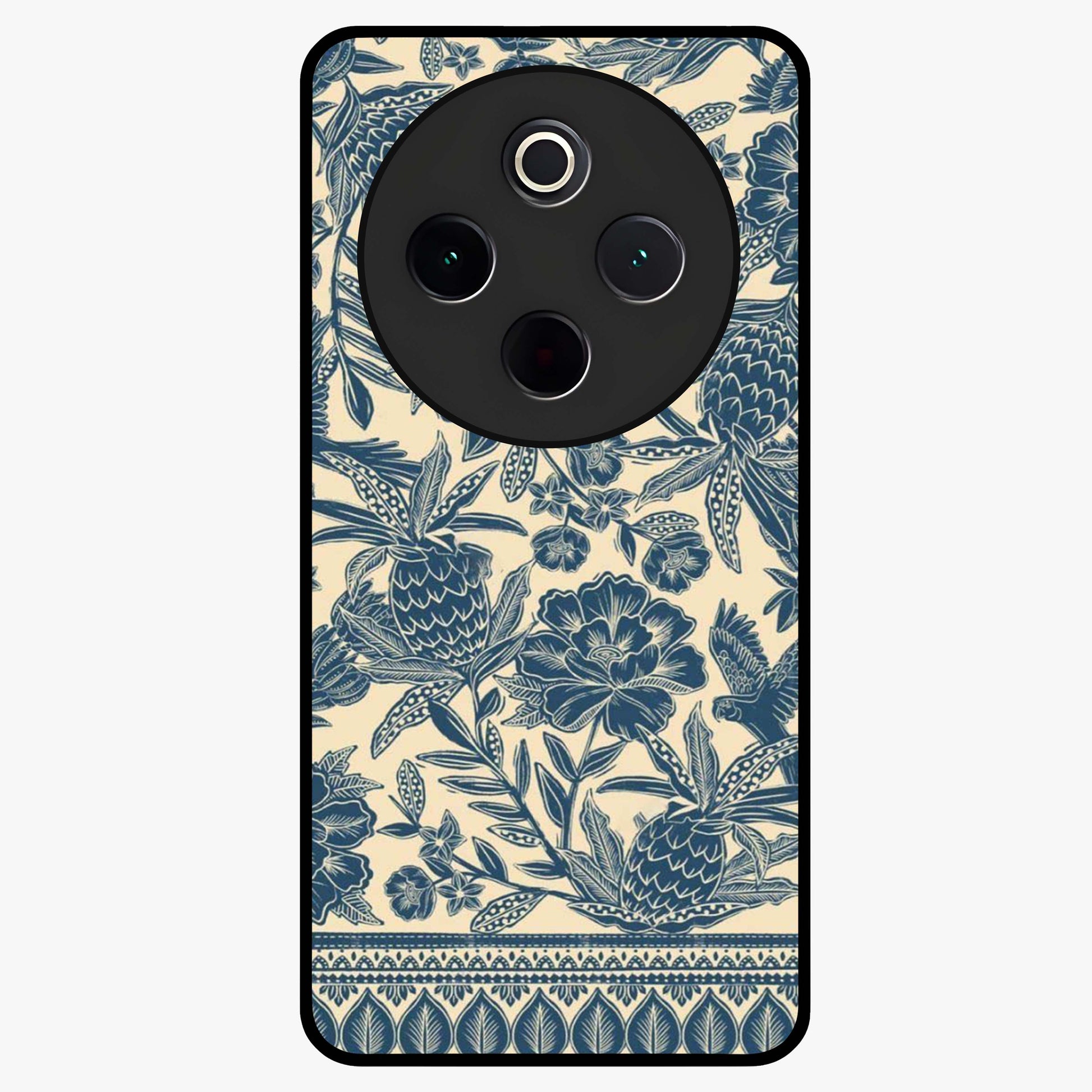 Heirloom Wild Bloom Glass Case showing flat back view with vintage inspired wild flower artwork and glossy glass finish.