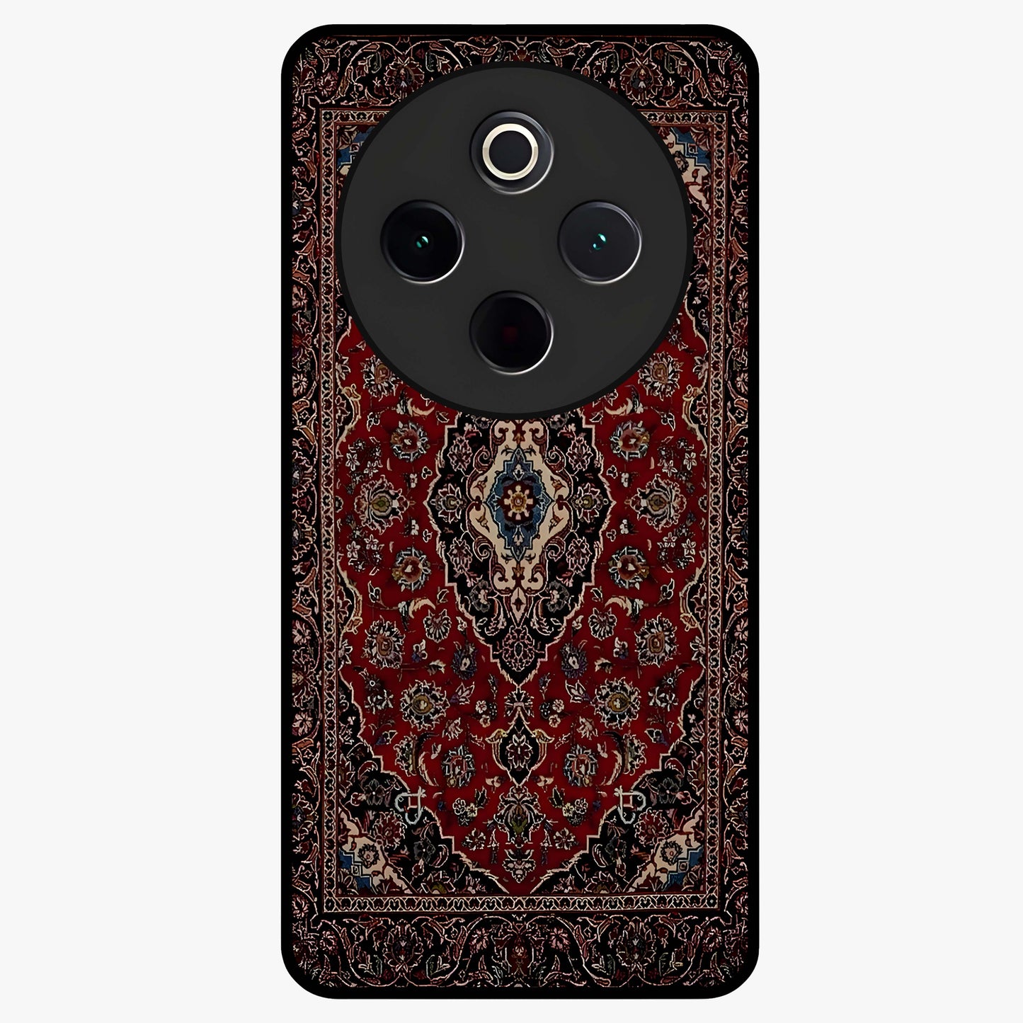 Heritage Carpet Royale Glass Case showing flat back view with ornate Persian carpet inspired pattern and glossy glass finish.