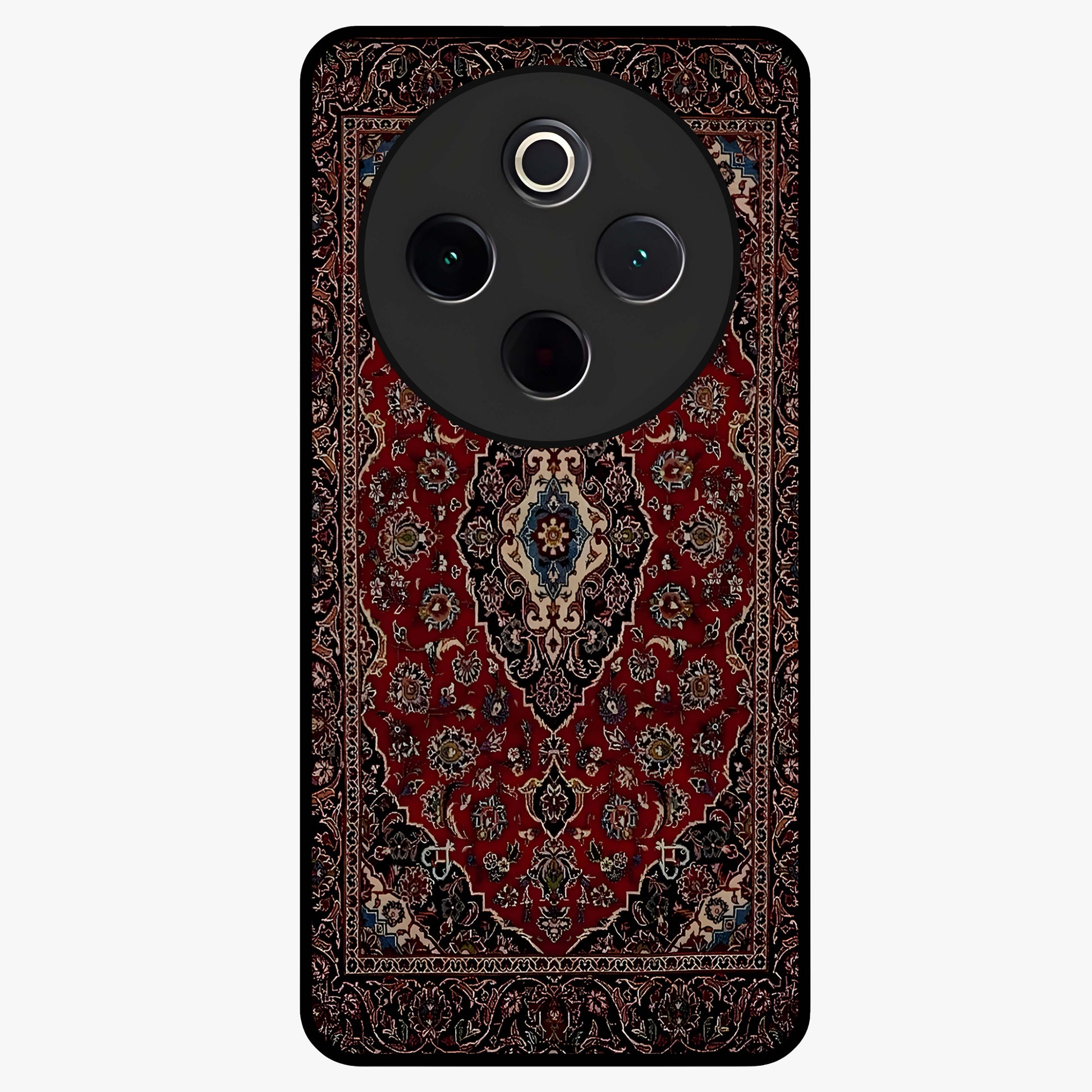 Heritage Carpet Royale Glass Case showing flat back view with ornate Persian carpet inspired pattern and glossy glass finish.