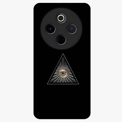 Illuminati Evil Glass Case showing flat back view with mysterious illuminati symbol artwork and glossy glass finish.
