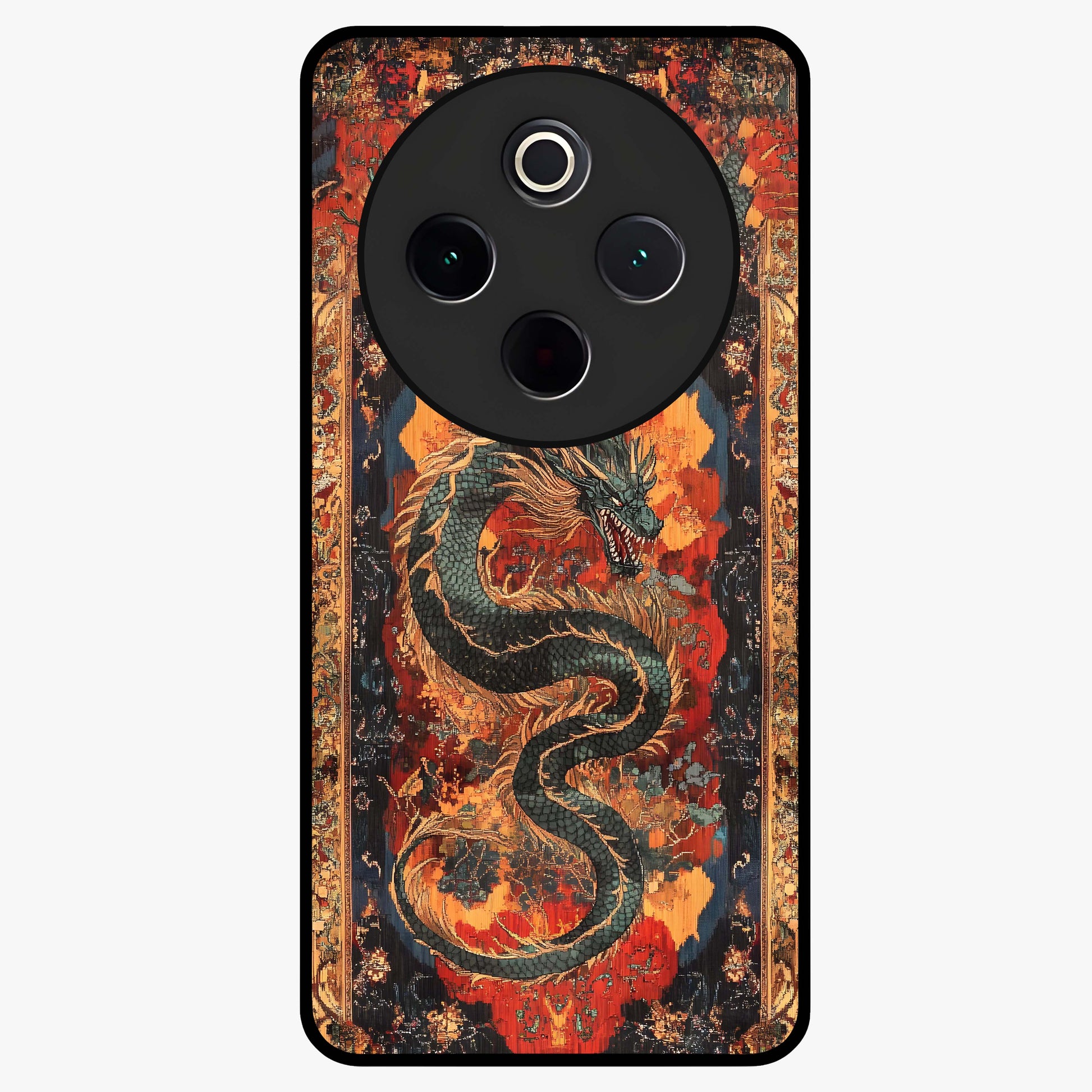Inferno Dragon Soul Glass Case showing flat back view with fiery dragon artwork and glossy glass finish.