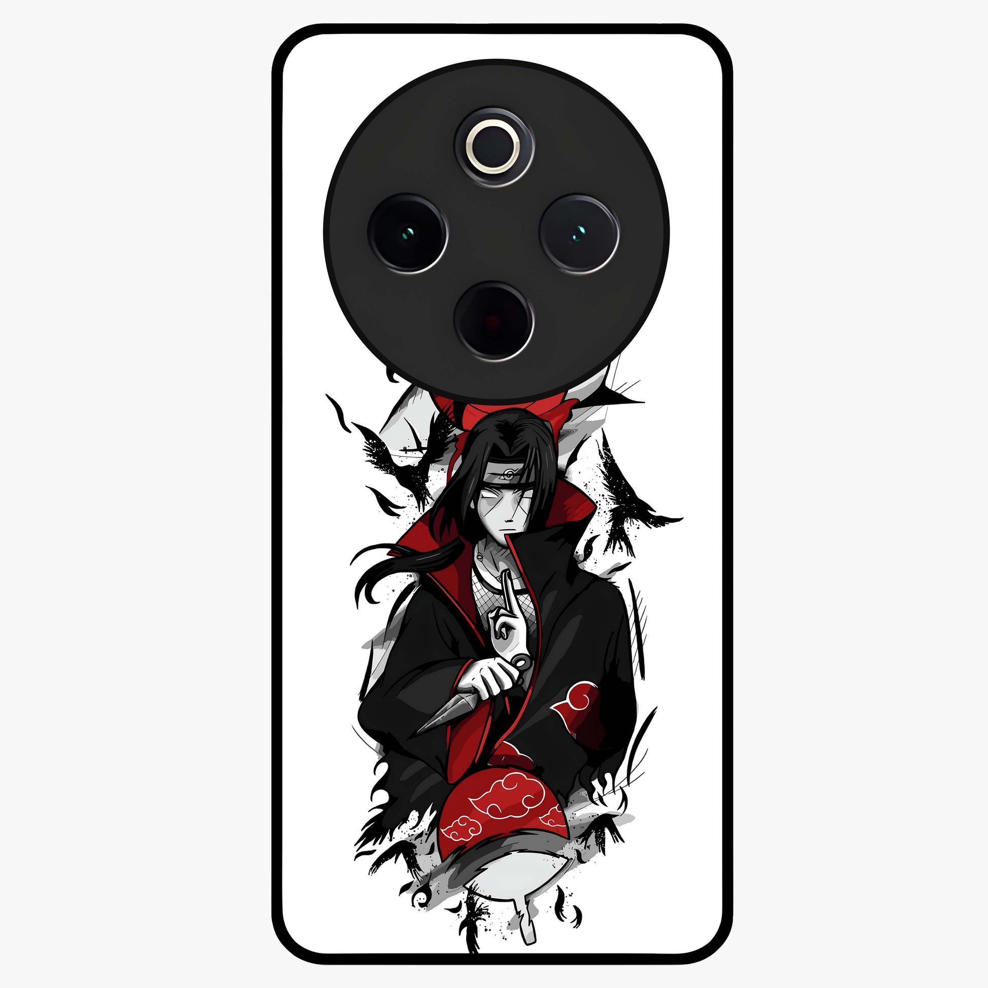 Itachi Sharingan Glass Case showing flat back view with powerful anime eye artwork and glossy glass finish.