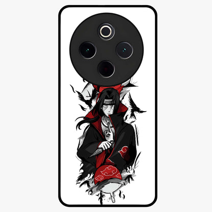 Itachi Sharingan Glass Case showing flat back view with powerful anime eye artwork and glossy glass finish.