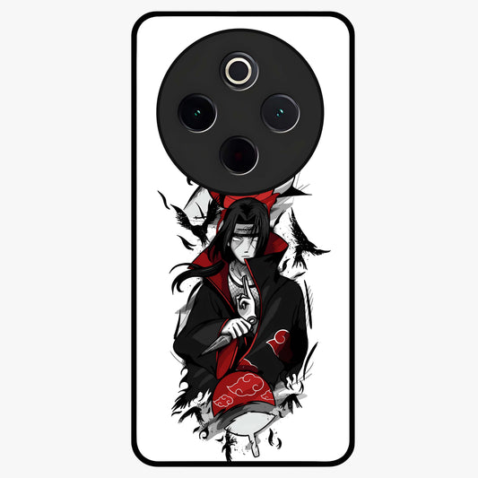 Itachi Sharingan Glass Case showing flat back view with powerful anime eye artwork and glossy glass finish.