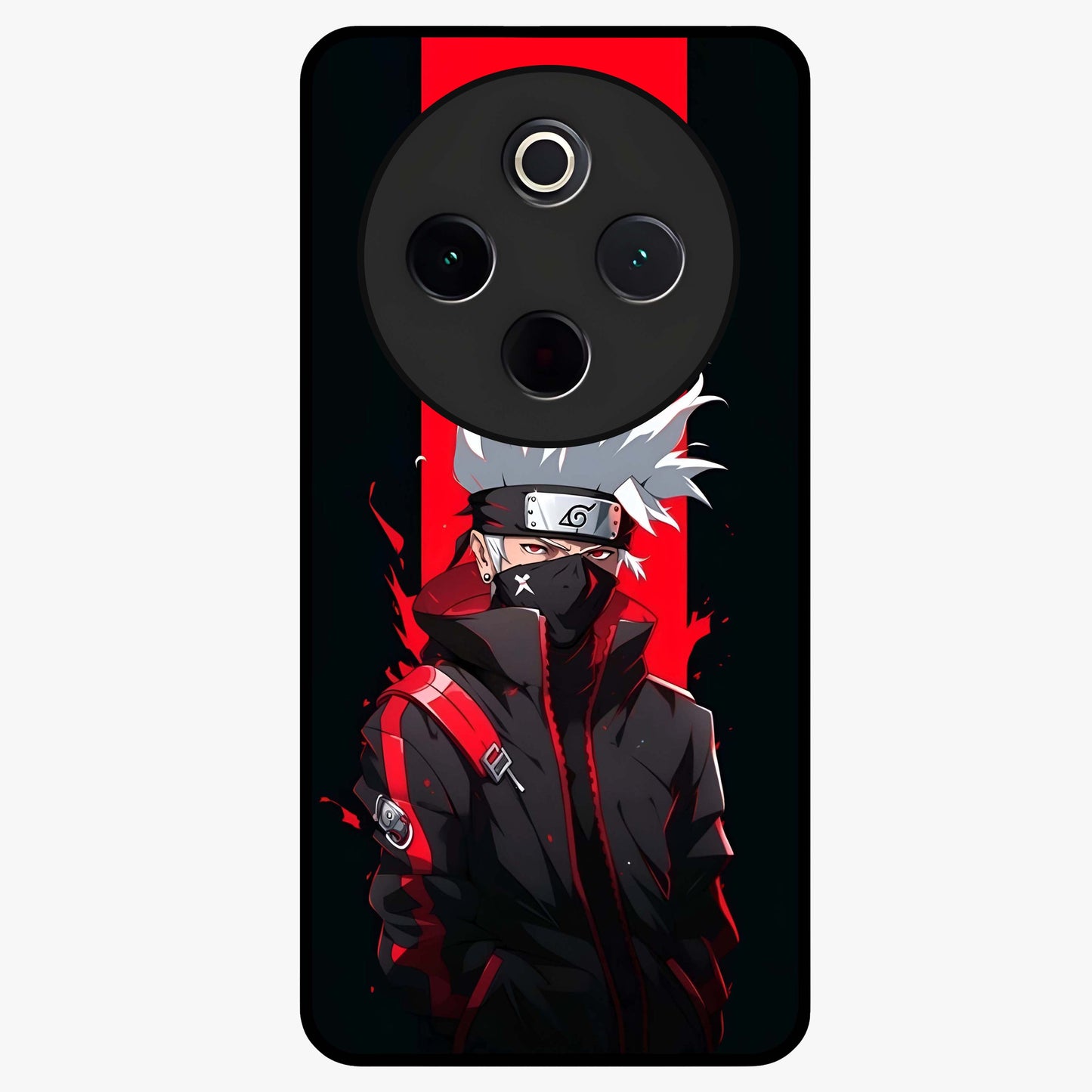 Kakashi Scarlet Shadow Glass Case showing flat back view with powerful anime ninja artwork and glossy glass finish.