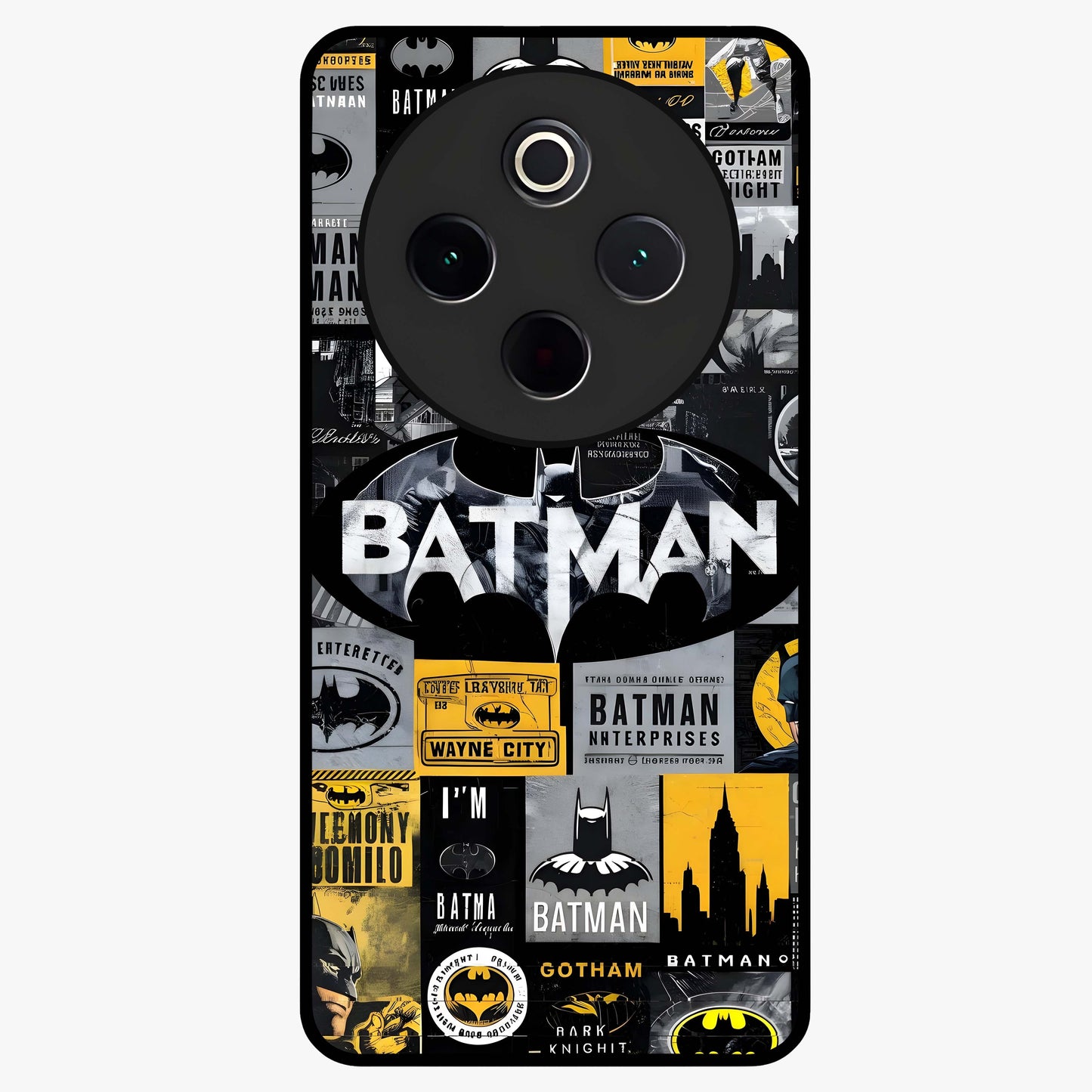 Knight Gotham Rise Glass Case showing flat back view with dark hero inspired artwork and glossy glass finish.