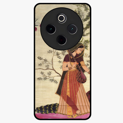Lady With Veena Art Glass Case showing flat back view with elegant woman playing veena artwork and glossy glass finish.