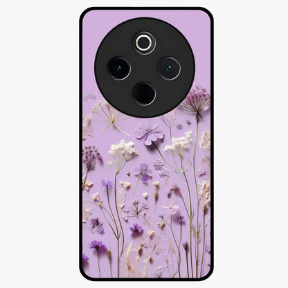 Lavender Blossom Dream Glass Case showing flat back view with soft lavender floral artwork and glossy glass finish.