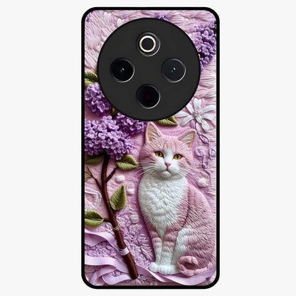 Lavender Cat Whimsy Glass Case showing flat back view with cute lavender cat artwork and glossy glass finish.