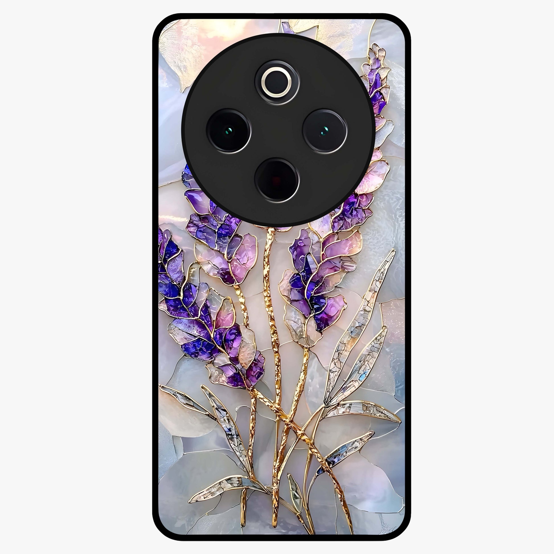 Lavender Dream Glow Glass Case showing flat back view with glowing lavender aesthetic artwork and glossy glass finish.