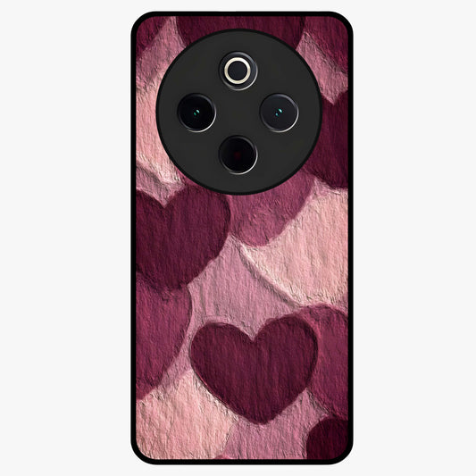 Layered Paper Hearts Glass Case showing flat back view with layered paper heart artwork and glossy glass finish.