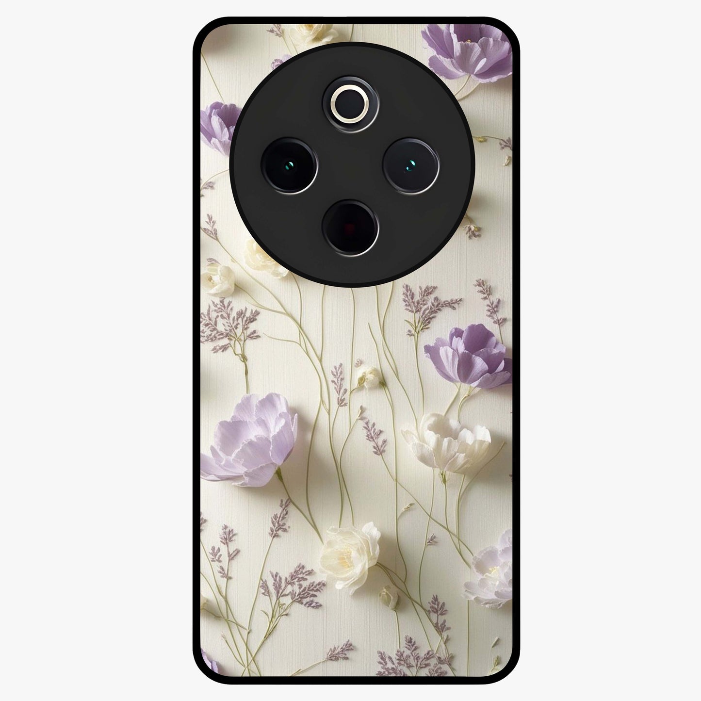 Lilac Breeze Harmony Glass Case showing flat back view with soft lilac themed artwork and glossy glass finish.