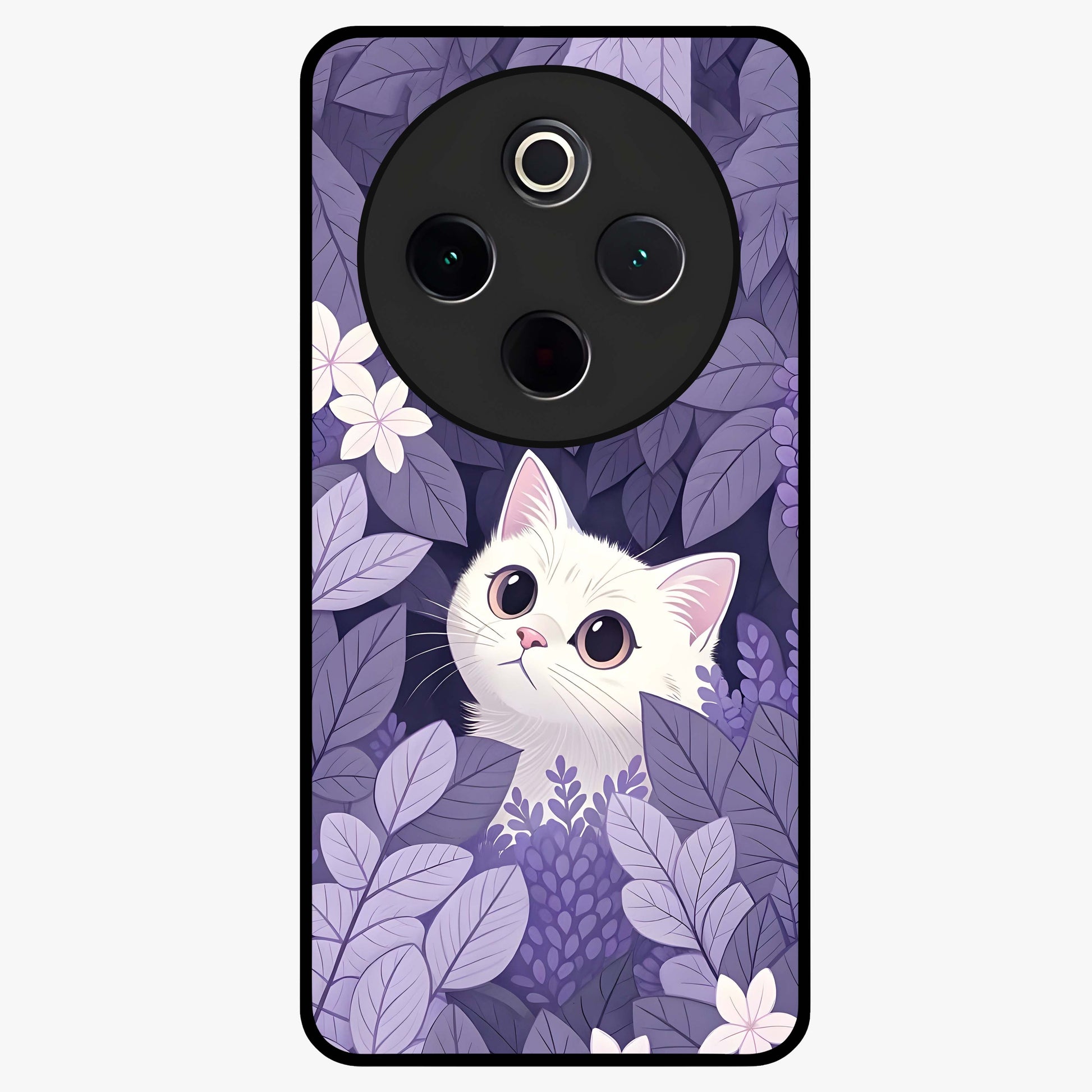 Lilac Hide Peek Cat Glass Case showing flat back view with cute peeking cat artwork and glossy glass finish.