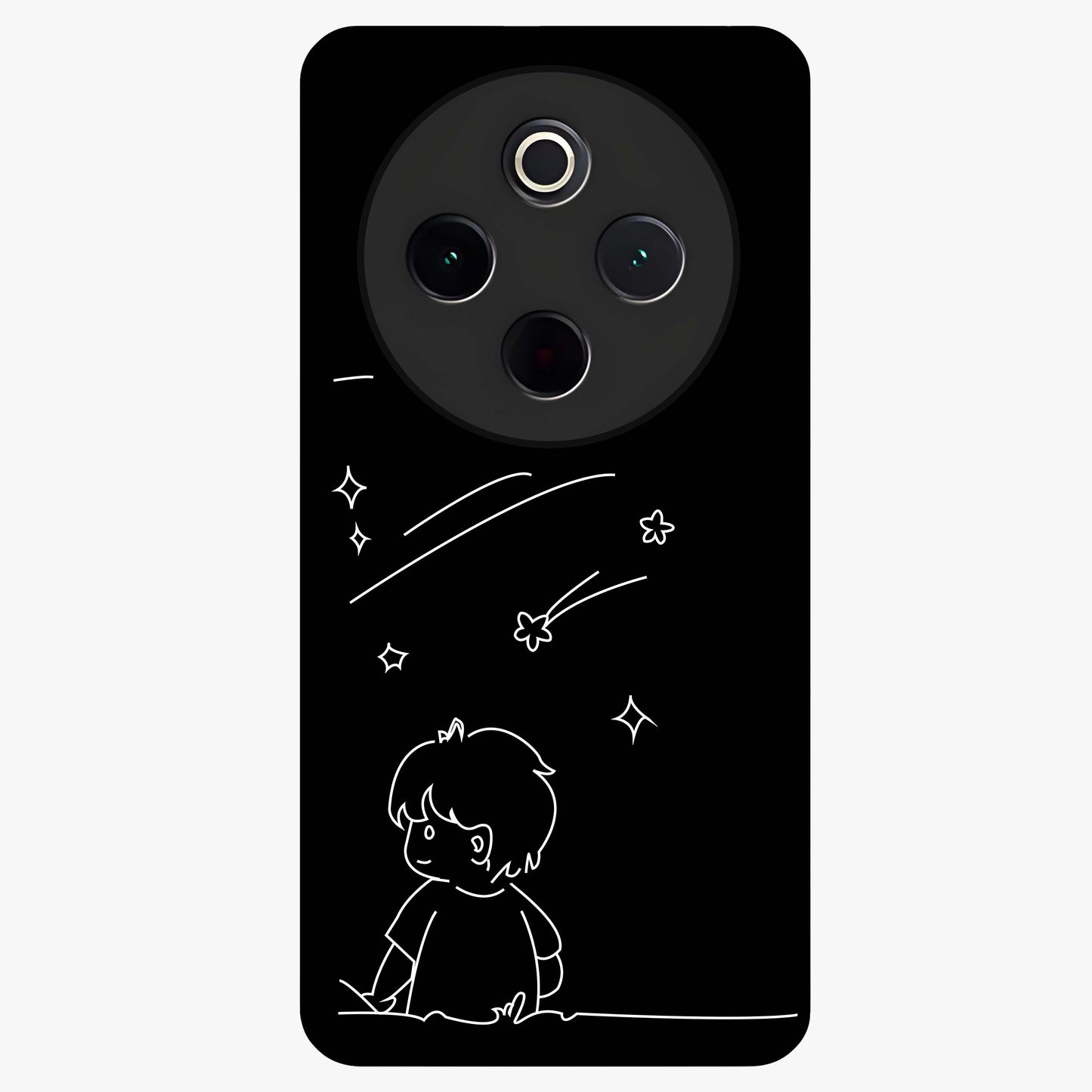 Line Art Boy With Shooting Stars Glass Case showing flat back view with minimal line art boy and shooting stars illustration and glossy glass finish.