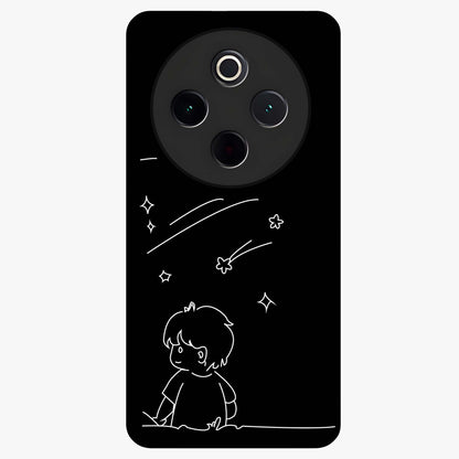 Line Art Boy With Shooting Stars Glass Case showing flat back view with minimal line art boy and shooting stars illustration and glossy glass finish.