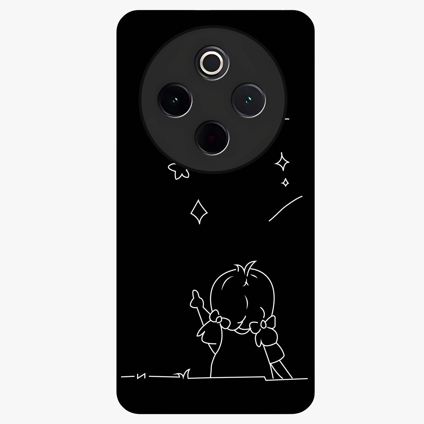 Line Art Girl With Shooting Stars Glass Case showing flat back view with minimal line art girl and shooting stars illustration and glossy glass finish.