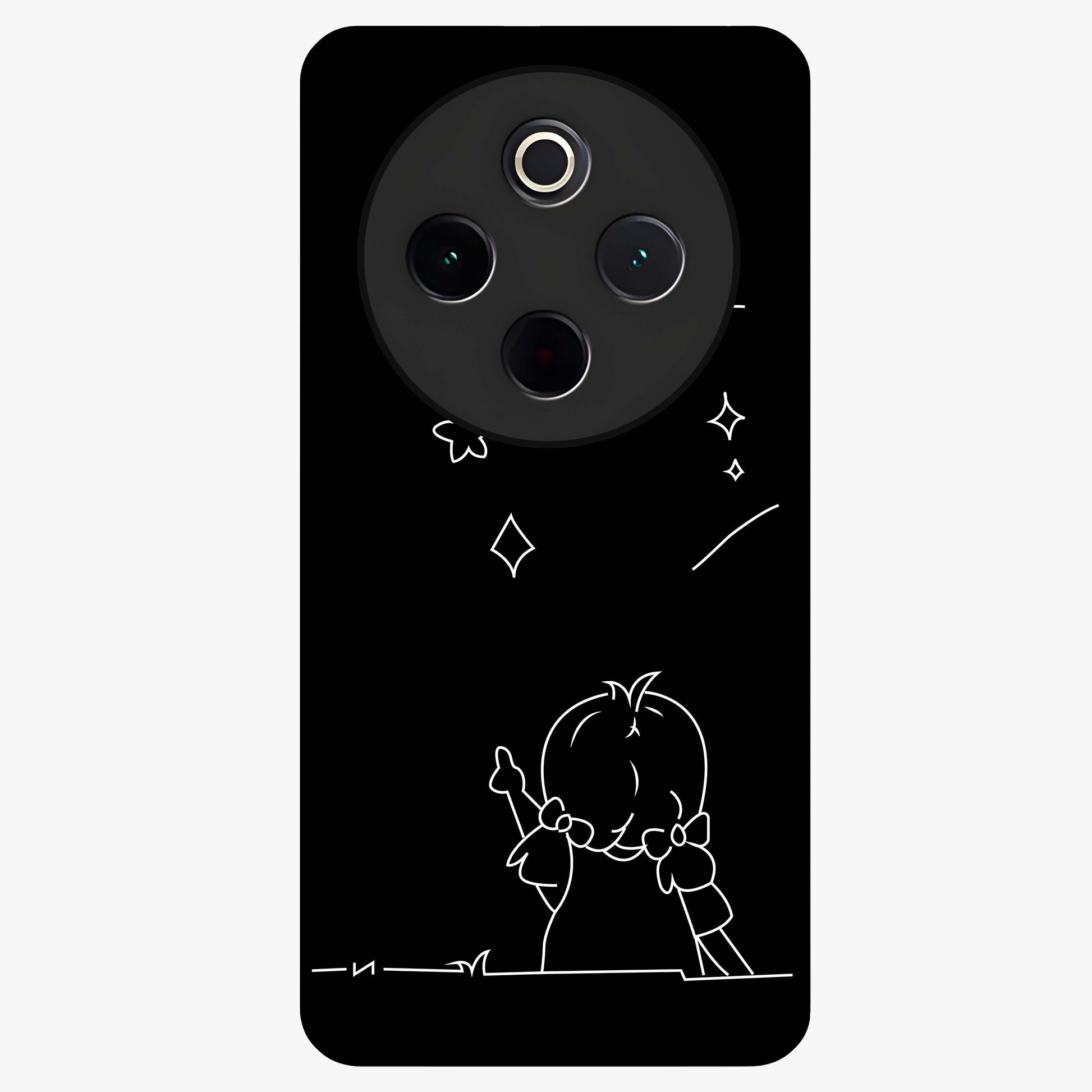 Line Art Girl With Shooting Stars Glass Case showing flat back view with minimal line art girl and shooting stars illustration and glossy glass finish.