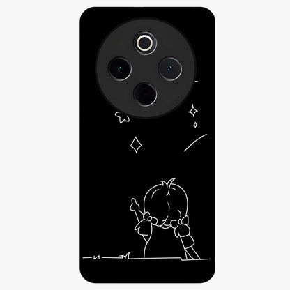Line Art Girl With Shooting Stars Glass Case showing flat back view with minimal line art girl and shooting stars illustration and glossy glass finish.
