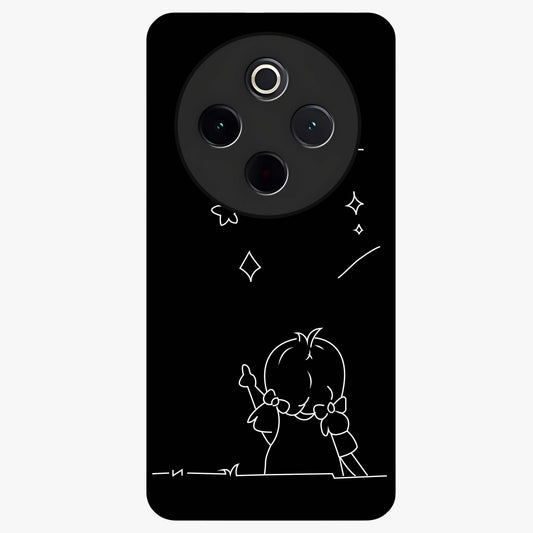 Line Art Girl With Shooting Stars Glass Case showing flat back view with minimal line art girl and shooting stars illustration and glossy glass finish.