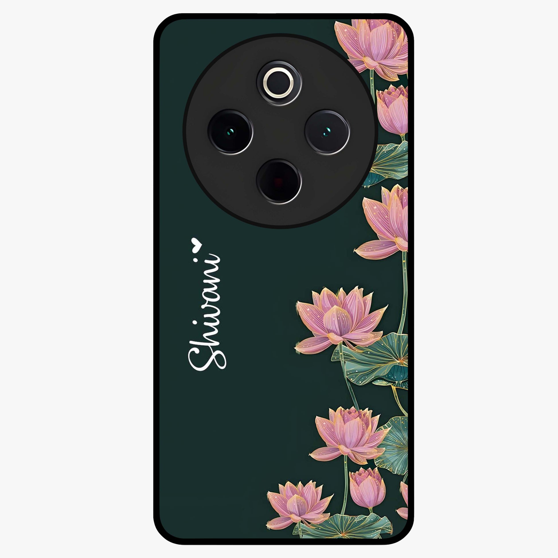 Lotus Bloom Serenity Custom Name Glass Case showing flat back view with elegant lotus flower artwork and personalized name design.
