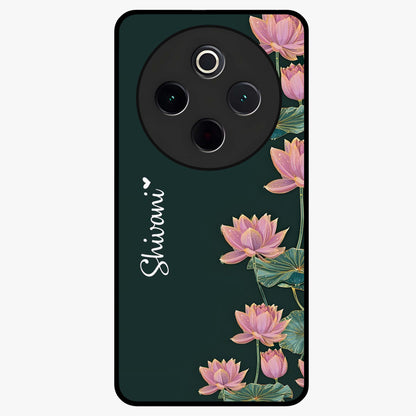 Lotus Bloom Serenity Custom Name Glass Case showing flat back view with elegant lotus flower artwork and personalized name design.