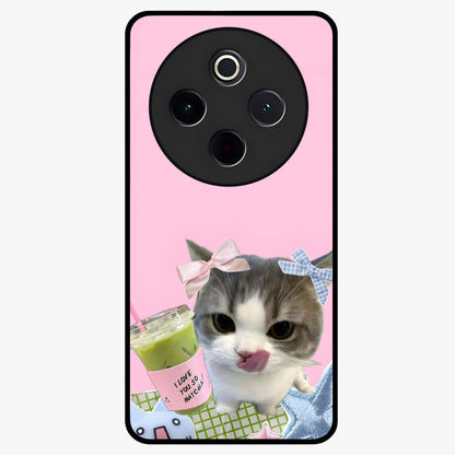Love Matcha Cat Glass Case showing flat back view with cute cat and matcha themed artwork and glossy glass finish.