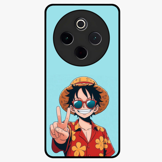 Luffy Summer Anime Vibe Glass Case showing flat back view with vibrant anime character artwork and glossy glass finish.