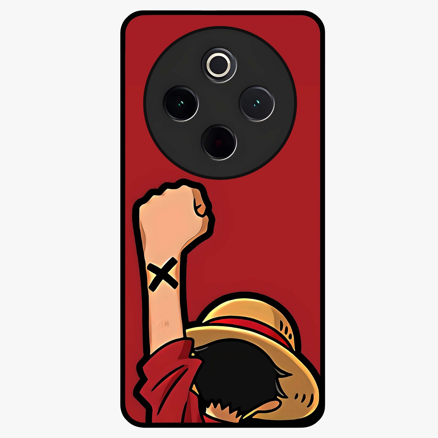 Luffy X Spirit Glass Case showing flat back view with bold anime character artwork and glossy glass finish.
