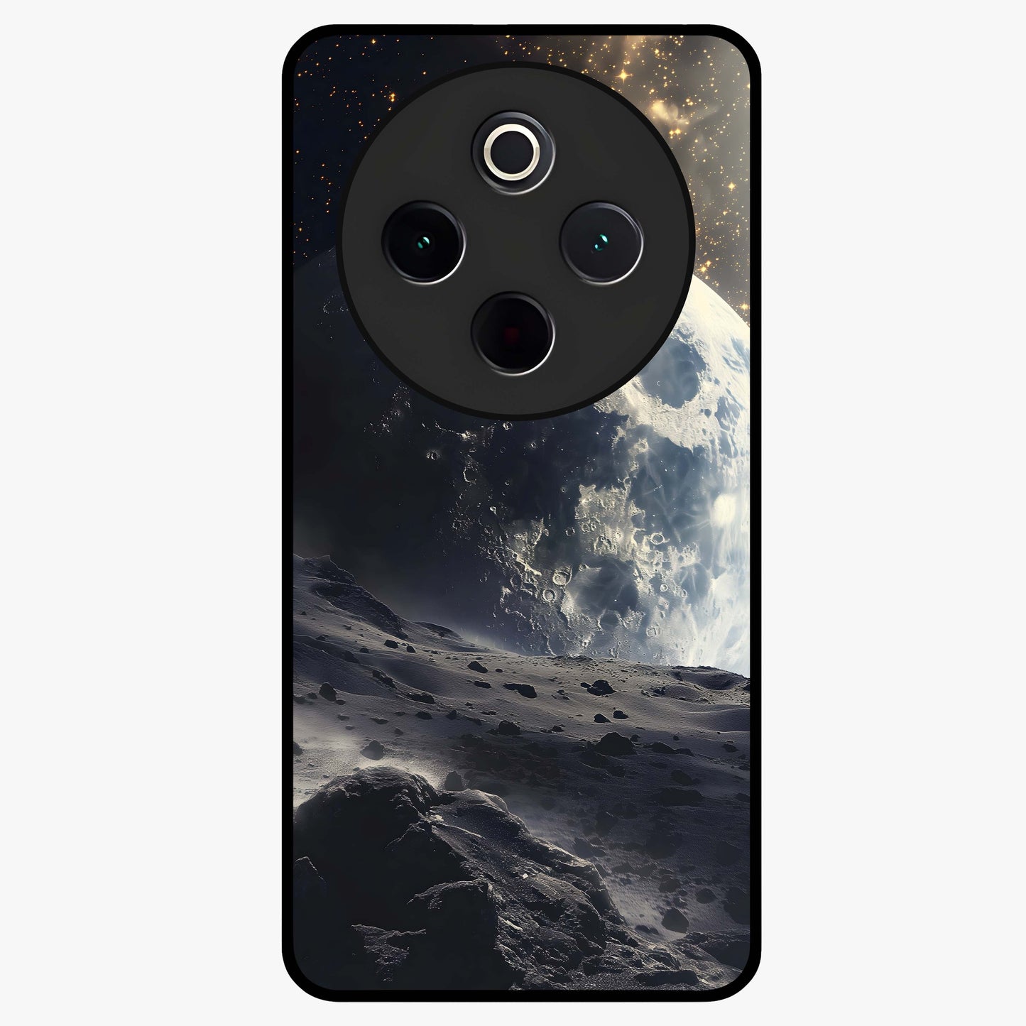 Lunar Horizon Glow Glass Case showing flat back view with glowing moon horizon artwork and glossy glass finish.