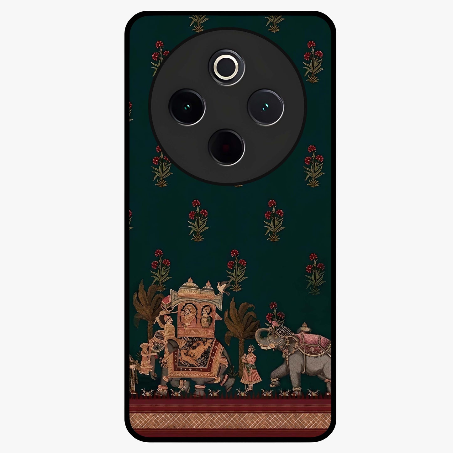 Macmerise Glass Case showing flat back view with stylish modern artwork and glossy glass finish.