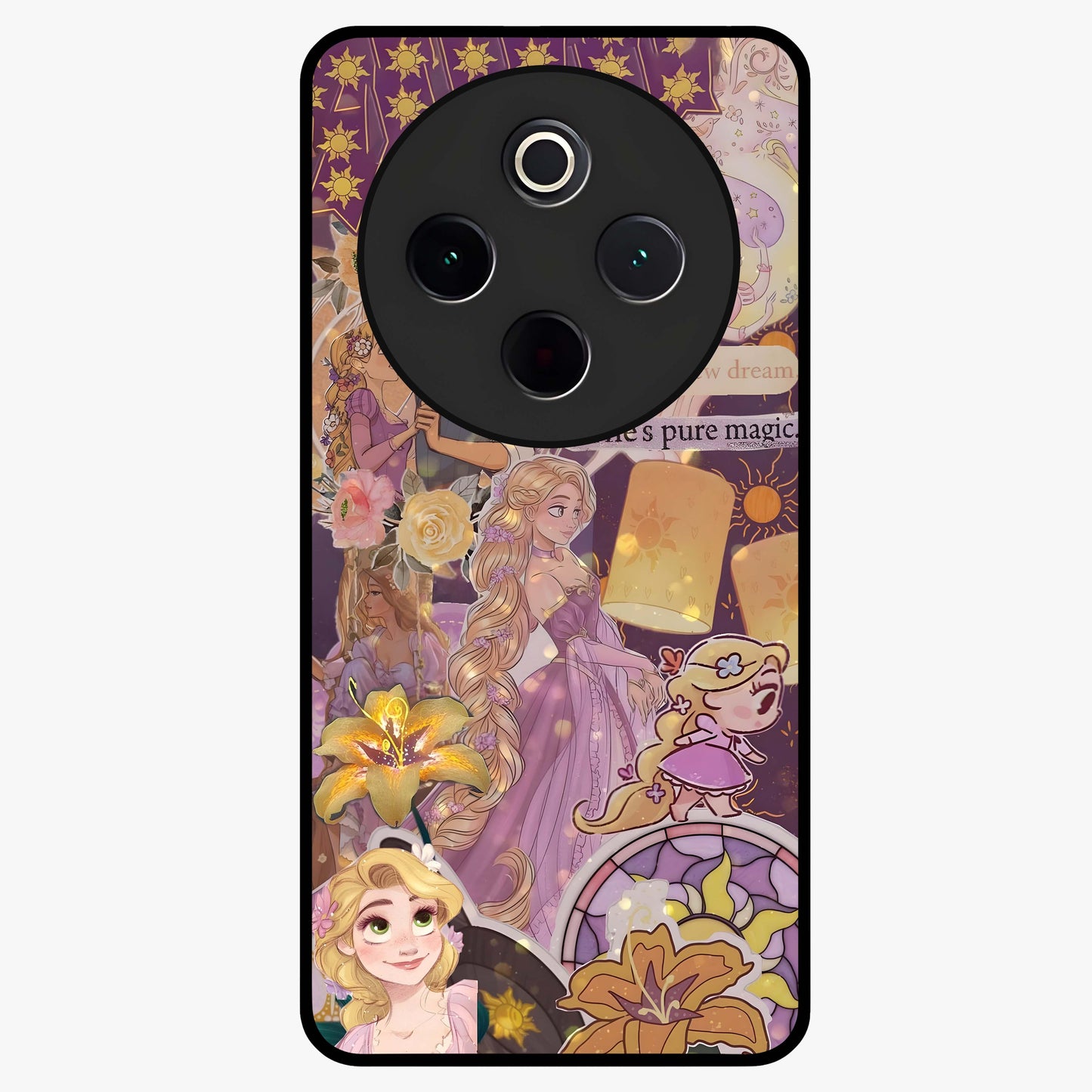 Magical Tangled Dream Glass Case showing flat back view with dreamy tangled artwork and glossy glass finish.