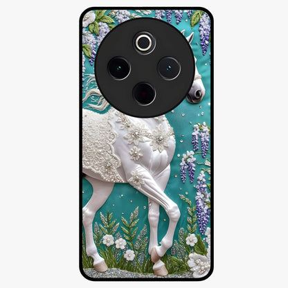 Majestic Floral Stallion Glass Case showing flat back view with powerful horse and floral artwork and glossy glass finish.
