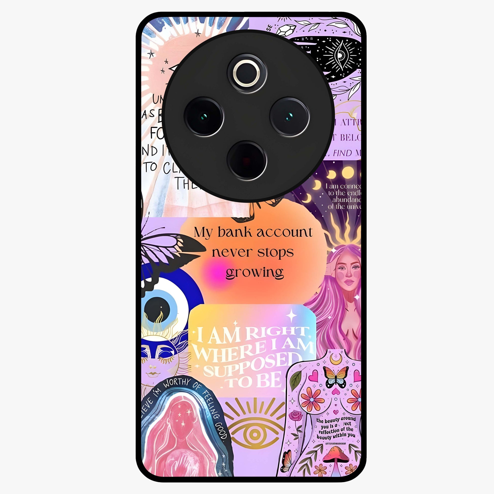 Manifestation Collage Glass Case showing flat back view with motivational collage artwork and glossy glass finish.
