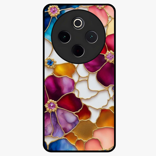 Marble Flower Pattern Glass Case showing flat back view with marble texture floral artwork and glossy glass finish.