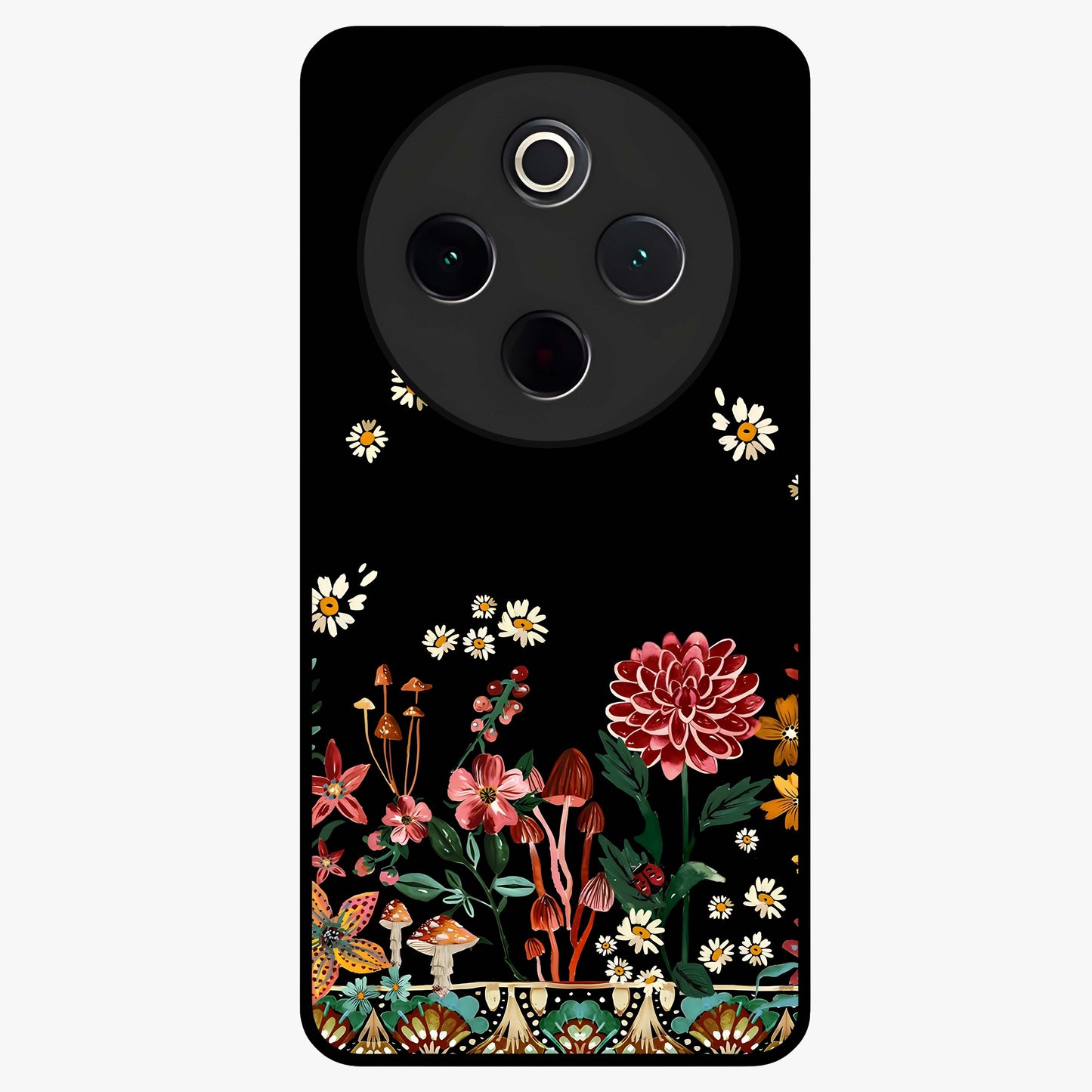 Midnight Bloom Pattern Glass Case showing flat back view with dark floral pattern artwork and glossy glass finish.