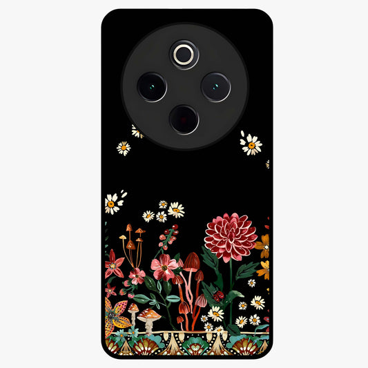 Midnight Bloom Pattern Glass Case showing flat back view with dark floral pattern artwork and glossy glass finish.