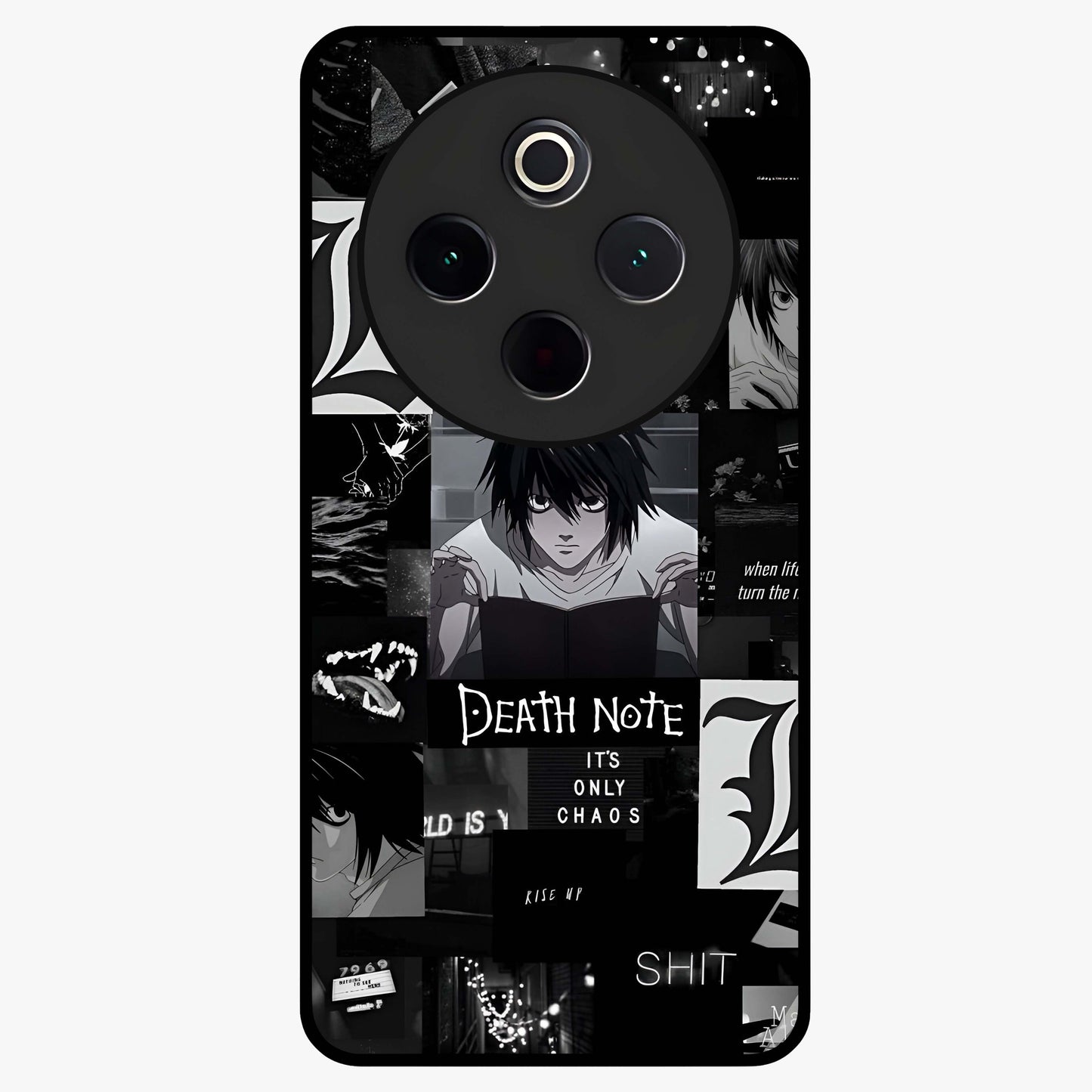 Midnight Chaos Mind Glass Case showing flat back view with abstract dark themed artwork and glossy glass finish.