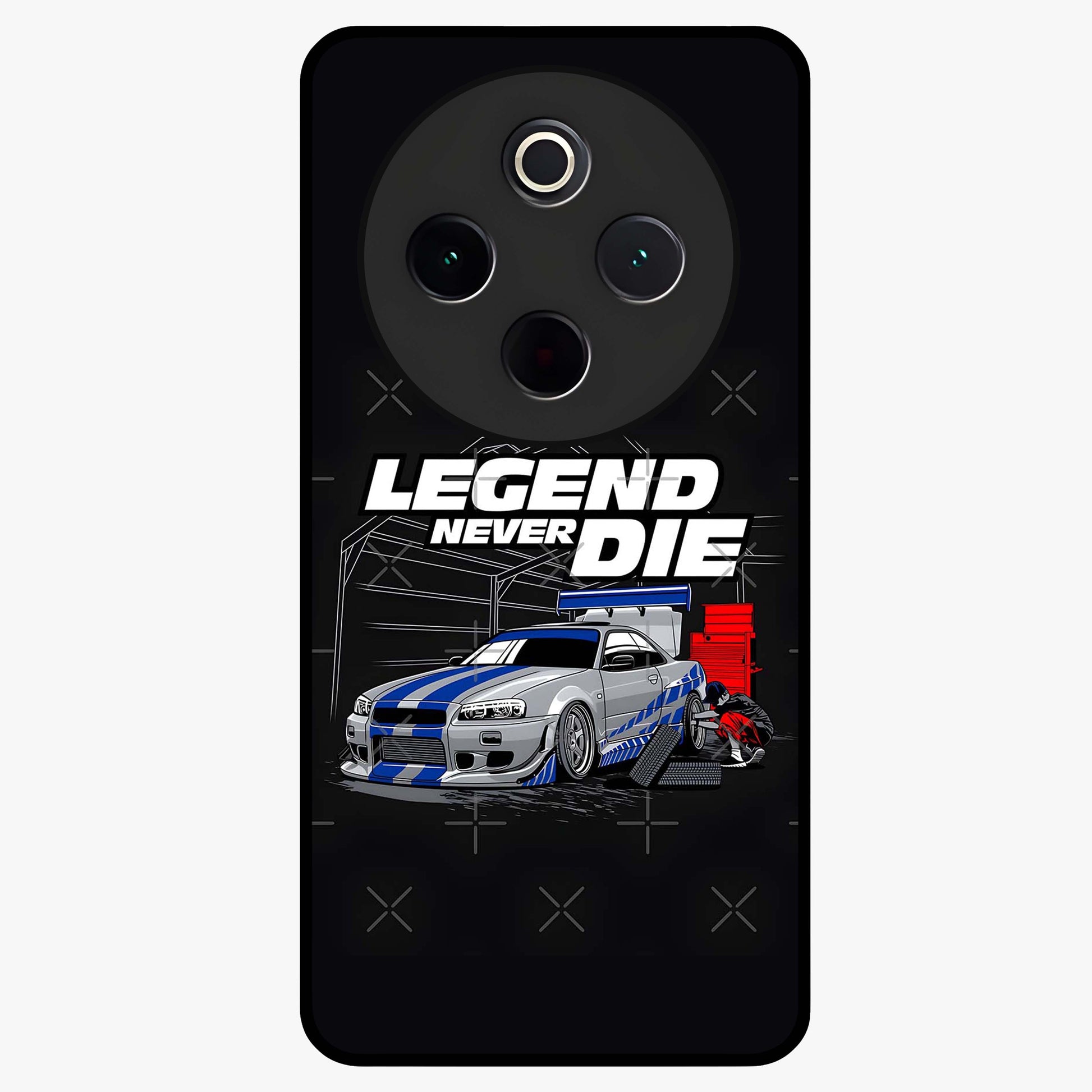 Midnight Racing Legacy Glass Case showing flat back view with sleek racing inspired artwork and glossy glass finish.
