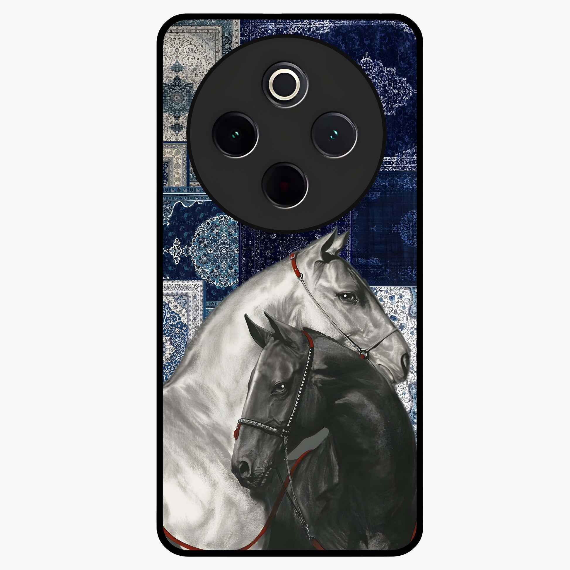 Midnight Stallion Blues Glass Case showing flat back view with majestic horse artwork and glossy glass finish.